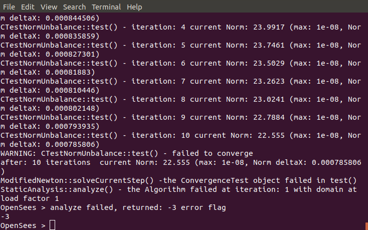 Example of non-convergence in an OpenSees analysis