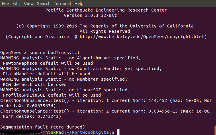 Example of core dump from an OpenSees analysis