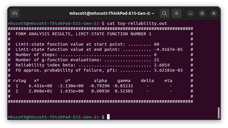 Reliability analysis output file