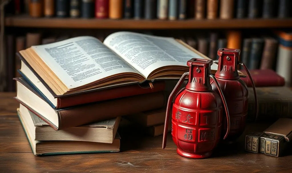 Hand grenades sitting next to a stack of books (AI-generated image)
