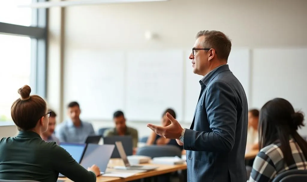 Professor lecturing to students (AI-generated image)